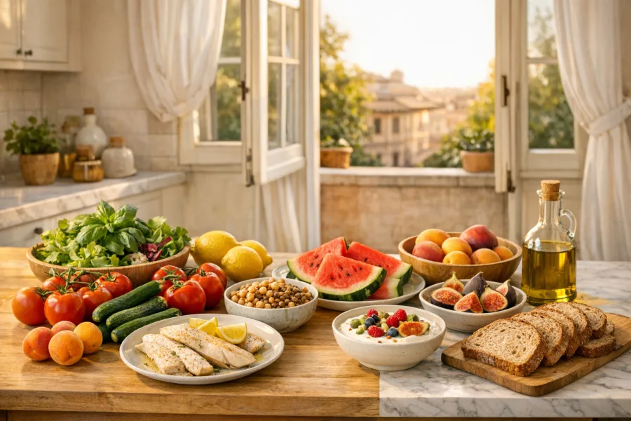 Assortimento di cibi estivi freschi: verdure, frutta, legumi, pesce e yogurt su un piano cucina