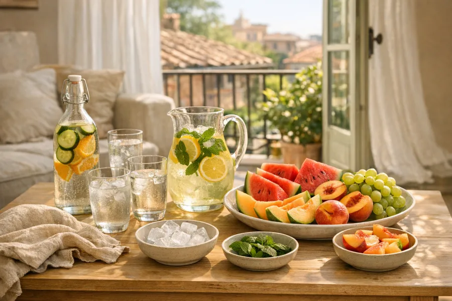 Bicchieri d’acqua, infusi freddi e frutta estiva su un tavolo in un salotto romano luminoso
