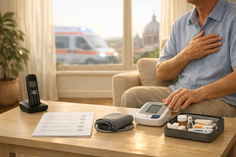 Salotto romano con telefono, tensiometro e persona in attesa, per orientarsi su quando chiamare il cardiologo.