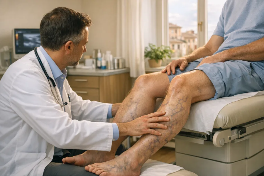 Medico valuta gambe con vene evidenziate in ambulatorio luminoso, per possibile problema vascolare.