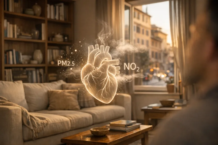 PM2.5, NO2 e fumo del traffico sovrapposti a un cuore in un salotto romano