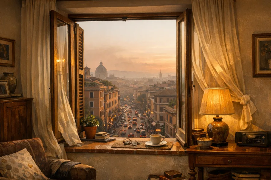 Vista di una città trafficata al tramonto con lieve smog sopra i palazzi