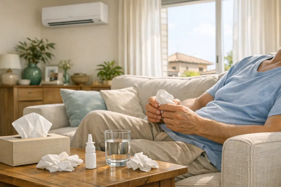 Persona sul divano con fazzoletti, spray nasale e acqua in un salotto fresco con condizionatore.