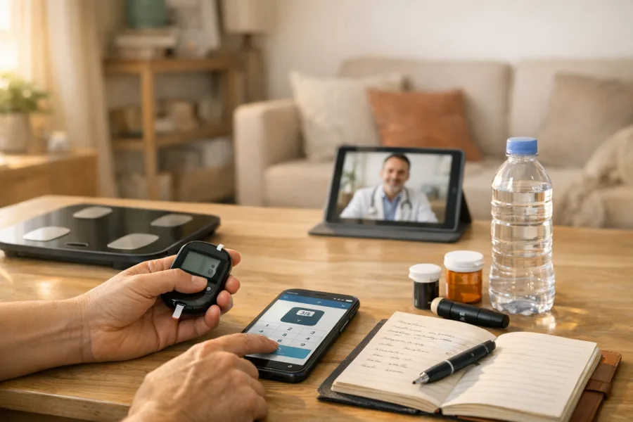 Mano misura la glicemia e aggiorna il peso su app, con medico in videochiamata sullo sfondo
