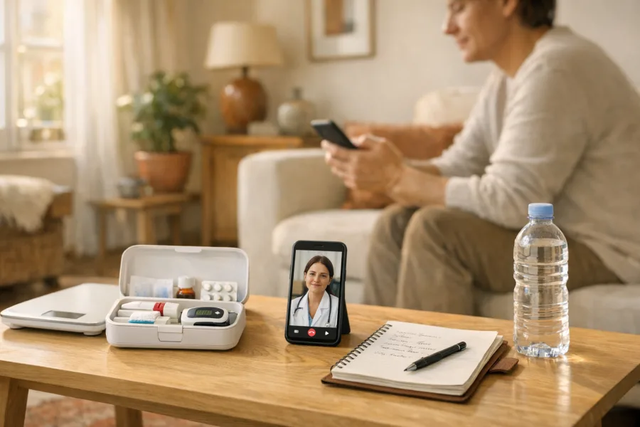 Persona consulta smartphone e kit medico a casa vicino a una bilancia